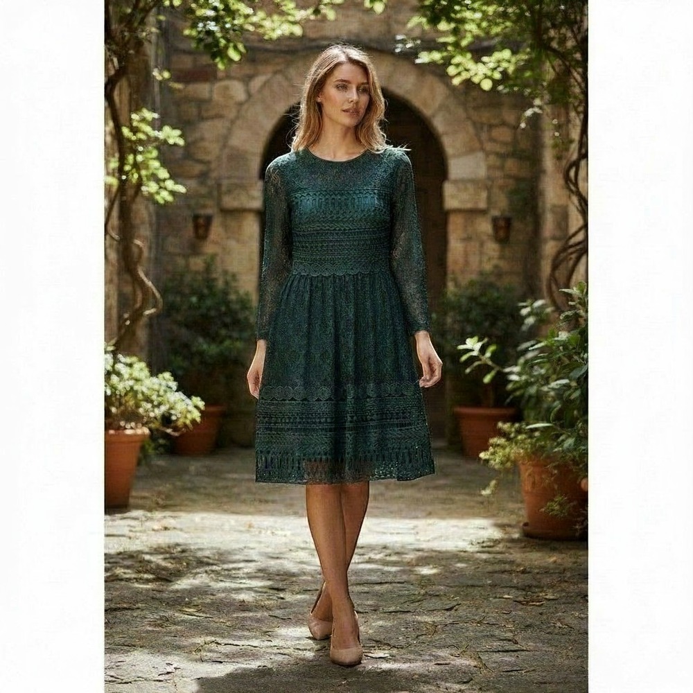 ASOS Dark Green‎ Lace Crochet Long Sleeve Mini Dress Size US 4